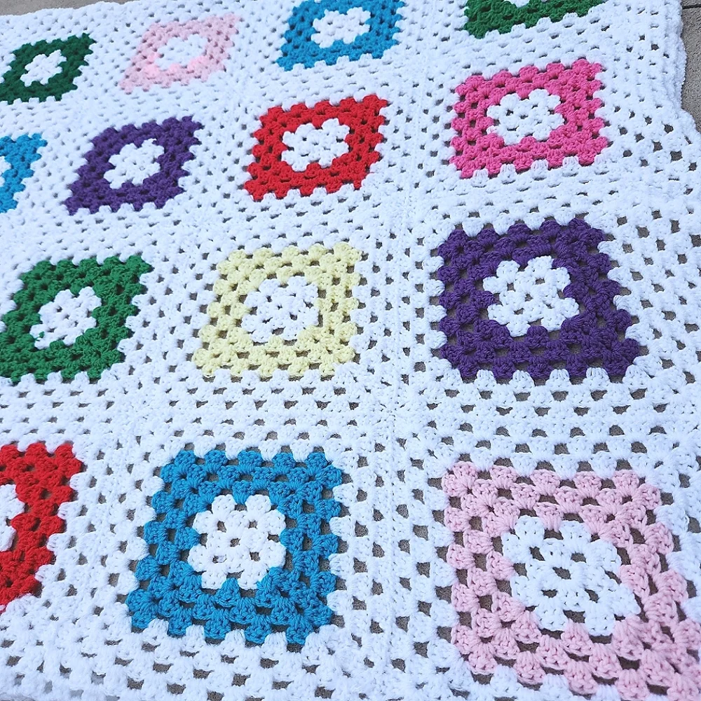 Vintage Homemade Crocheted Multicolor Square Design Afghan Throw Blanket